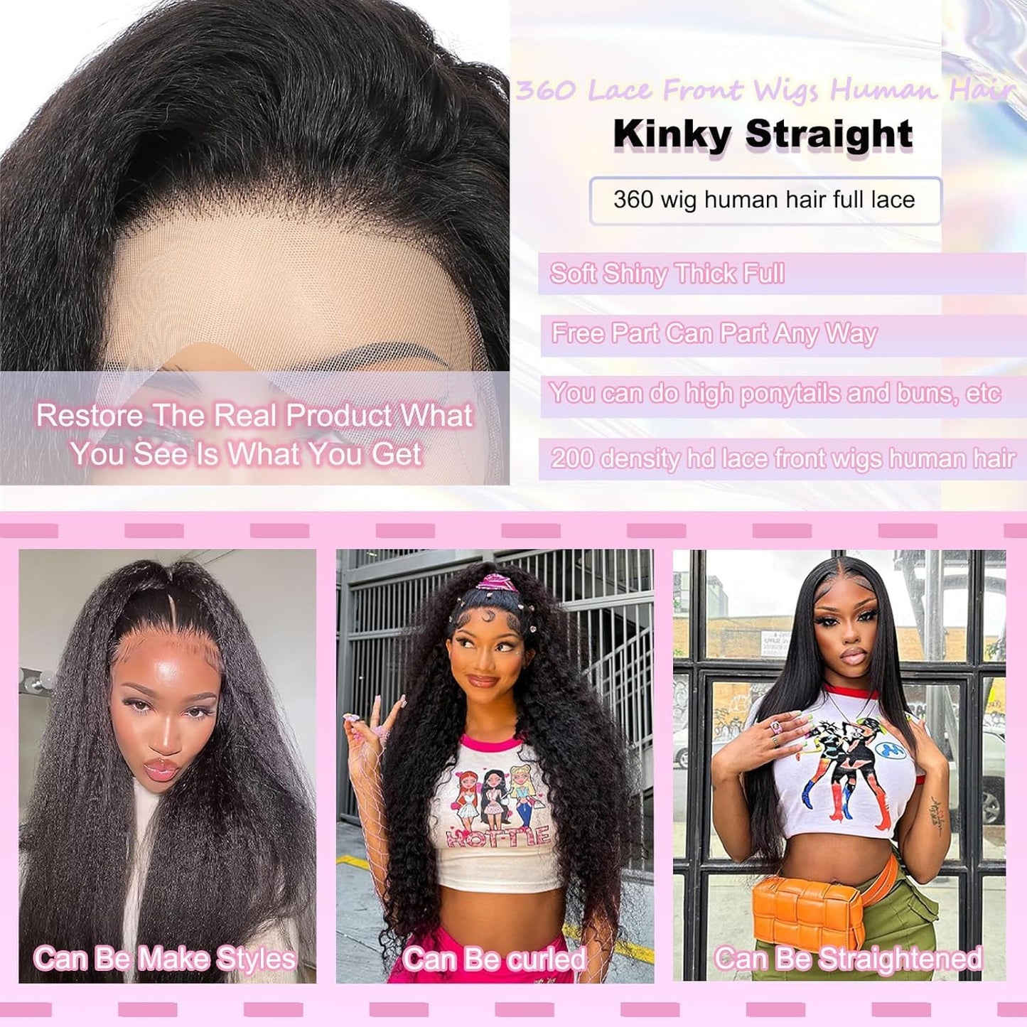360 Lace Front Wigs Human Hair Kinky Straight Wig 200 Density HD Lace Front Wigs Human Hair 360 Wig Full Lace Kinky Straight Wig (Natural, 20 Inch)