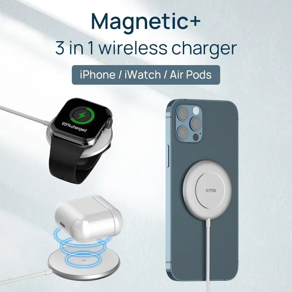 3 in 1 Magnetic Wireless Charger for Apple Watch Series 9/8/7/6 Fast Charging Pad for Iphone 15/14/13 Pro/Magsafe Charger
