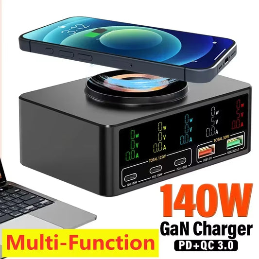 140W Gan USB C Charger PD 100W USB Type C QC3.0 Desktop Fast Charge Magnetic Wireless Charging for Mackook Tablet Iphone Samsung