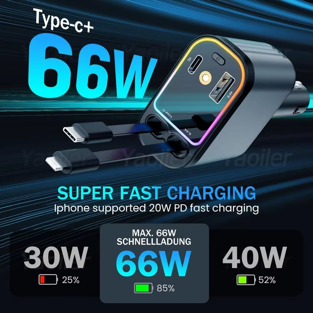 4 in 1 Retractable Car Charger with Starlight, 66W USB C Car Charger Adapter, 2 USB Ports Car Phone Charger, for Iphone Samsung