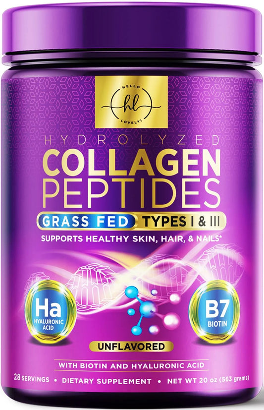! Collagen Peptides Powder - Unflavored Grass Fed Collagen Powder Type I & III Collagen Supplements with Hyaluronic Acid & Biotin - Hair, Nail, Skin, Bones & Joint Support - 28 Servings