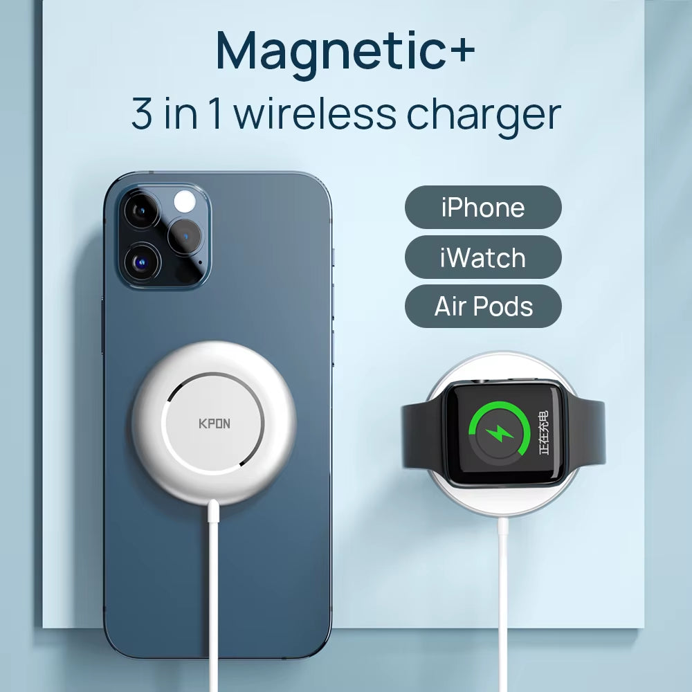 3 in 1 Magnetic Wireless Charger for Apple Watch Series 9/8/7/6 Fast Charging Pad for Iphone 15/14/13 Pro/Magsafe Charger