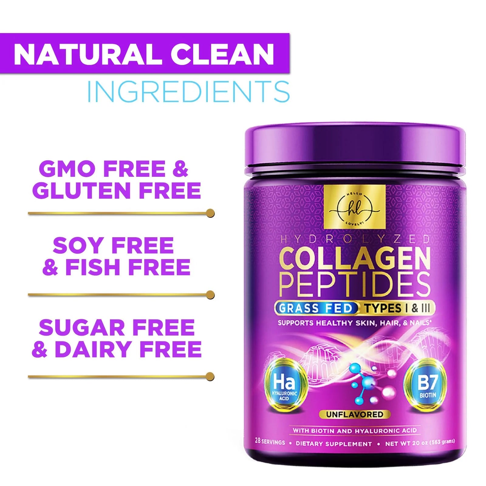 ! Collagen Peptides Powder - Unflavored Grass Fed Collagen Powder Type I & III Collagen Supplements with Hyaluronic Acid & Biotin - Hair, Nail, Skin, Bones & Joint Support - 28 Servings