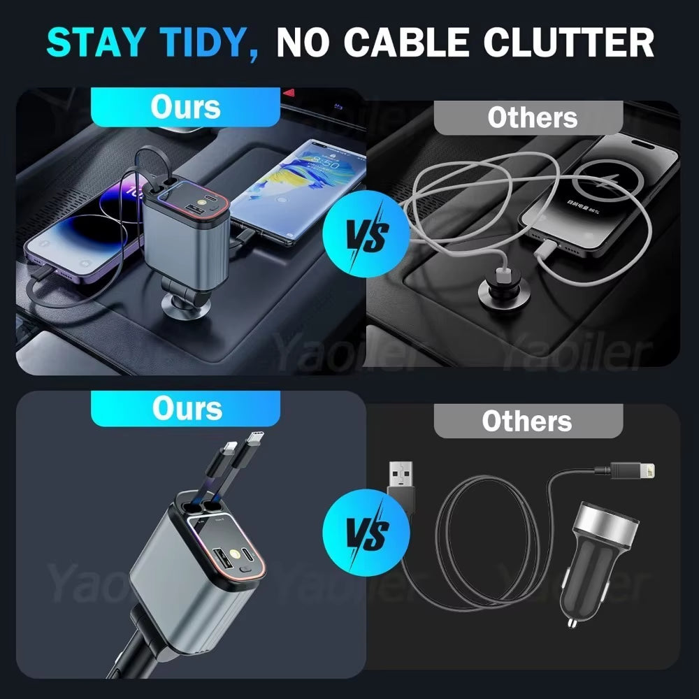 4 in 1 Retractable Car Charger with Starlight, 66W USB C Car Charger Adapter, 2 USB Ports Car Phone Charger, for Iphone Samsung