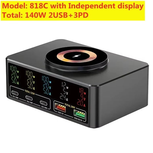 140W Gan USB C Charger PD 100W USB Type C QC3.0 Desktop Fast Charge Magnetic Wireless Charging for Mackook Tablet Iphone Samsung