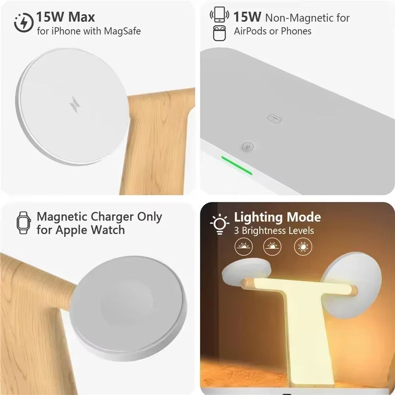 3 in 1 Magnetic Wireless Charger Stand Desktop Lamp Fast Charging Station Phone Holder for Iphone 12-16 Apple Watch 1-9 Airprods