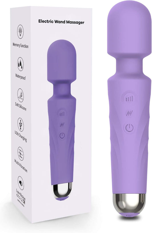 Cordless Wand Massager with Memory-8 Speeds&20 Modes Waterproof Rechargeable Handheld Personal Neck Shoulder Massager for Muscle Tension-Violet