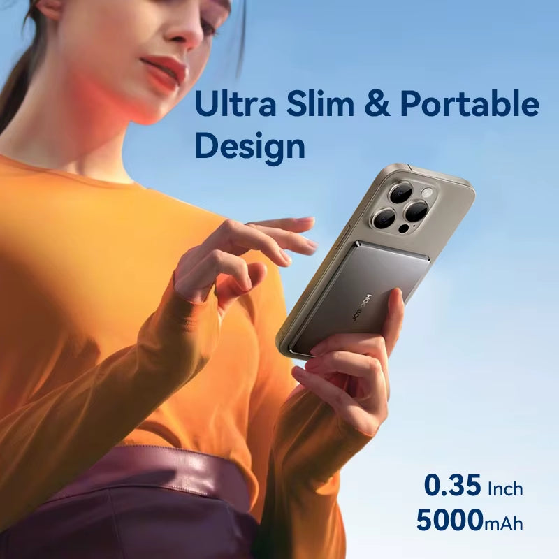 0.35 Inch Ultra Slim Power Bank for Magsafe 5000Mah Wireless Portable Charger with USB-C Cable for Iphone 16/15/14/13/12