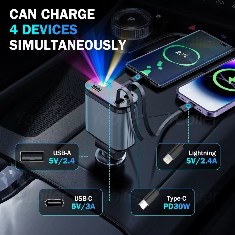 4 in 1 Retractable Car Charger with Starlight, 66W USB C Car Charger Adapter, 2 USB Ports Car Phone Charger, for Iphone Samsung