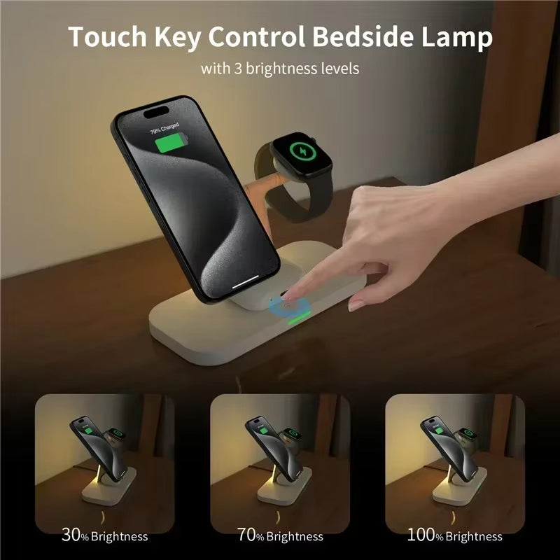 3 in 1 Magnetic Wireless Charger Stand Desktop Lamp Fast Charging Station Phone Holder for Iphone 12-16 Apple Watch 1-9 Airprods