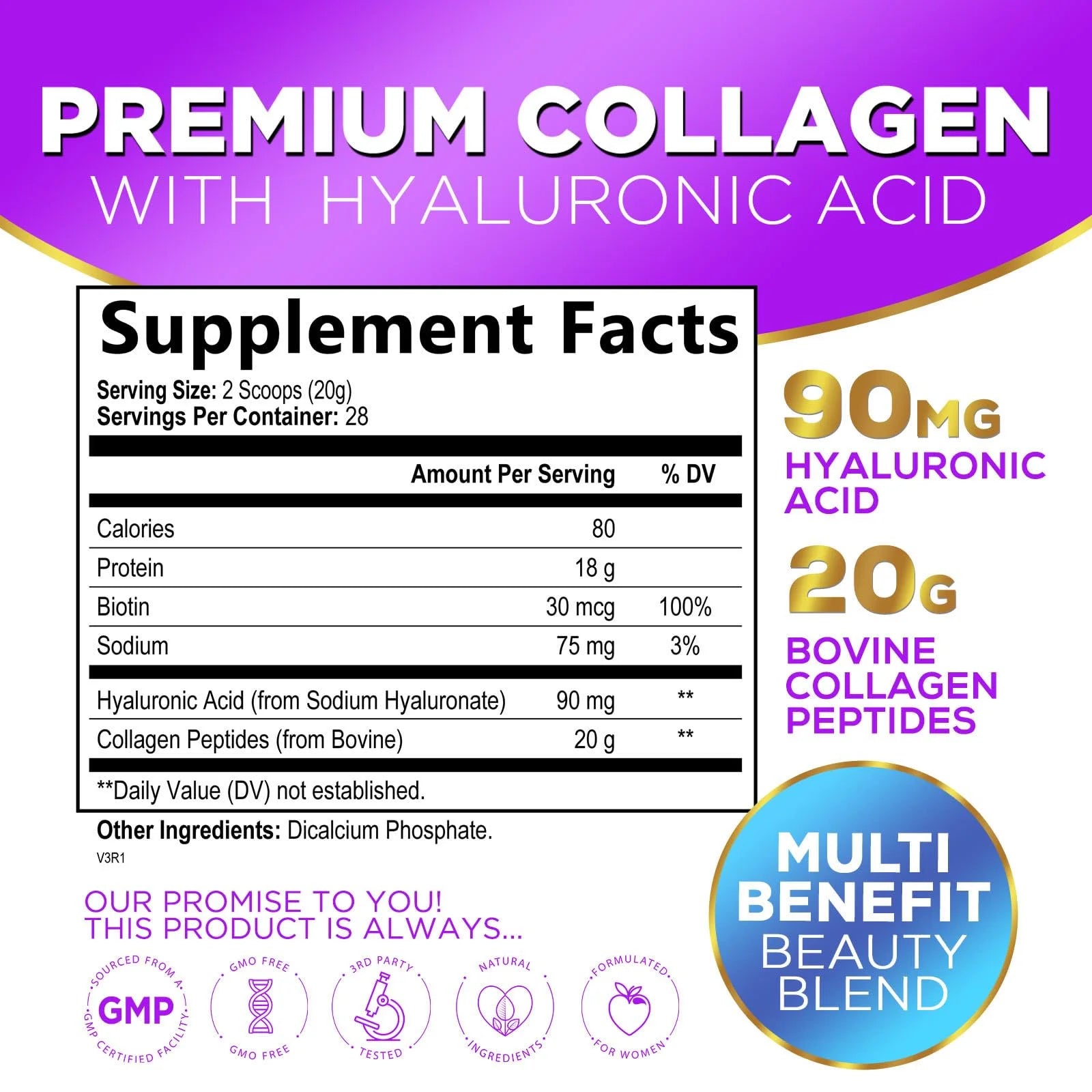 ! Collagen Peptides Powder - Unflavored Grass Fed Collagen Powder Type I & III Collagen Supplements with Hyaluronic Acid & Biotin - Hair, Nail, Skin, Bones & Joint Support - 28 Servings